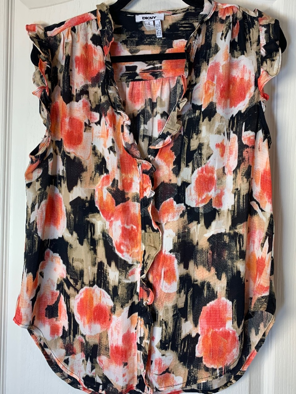 DKNY Coral Abstract‎ Ruffle Blouse Medium – Sleeveless Flowy Career Chic Top